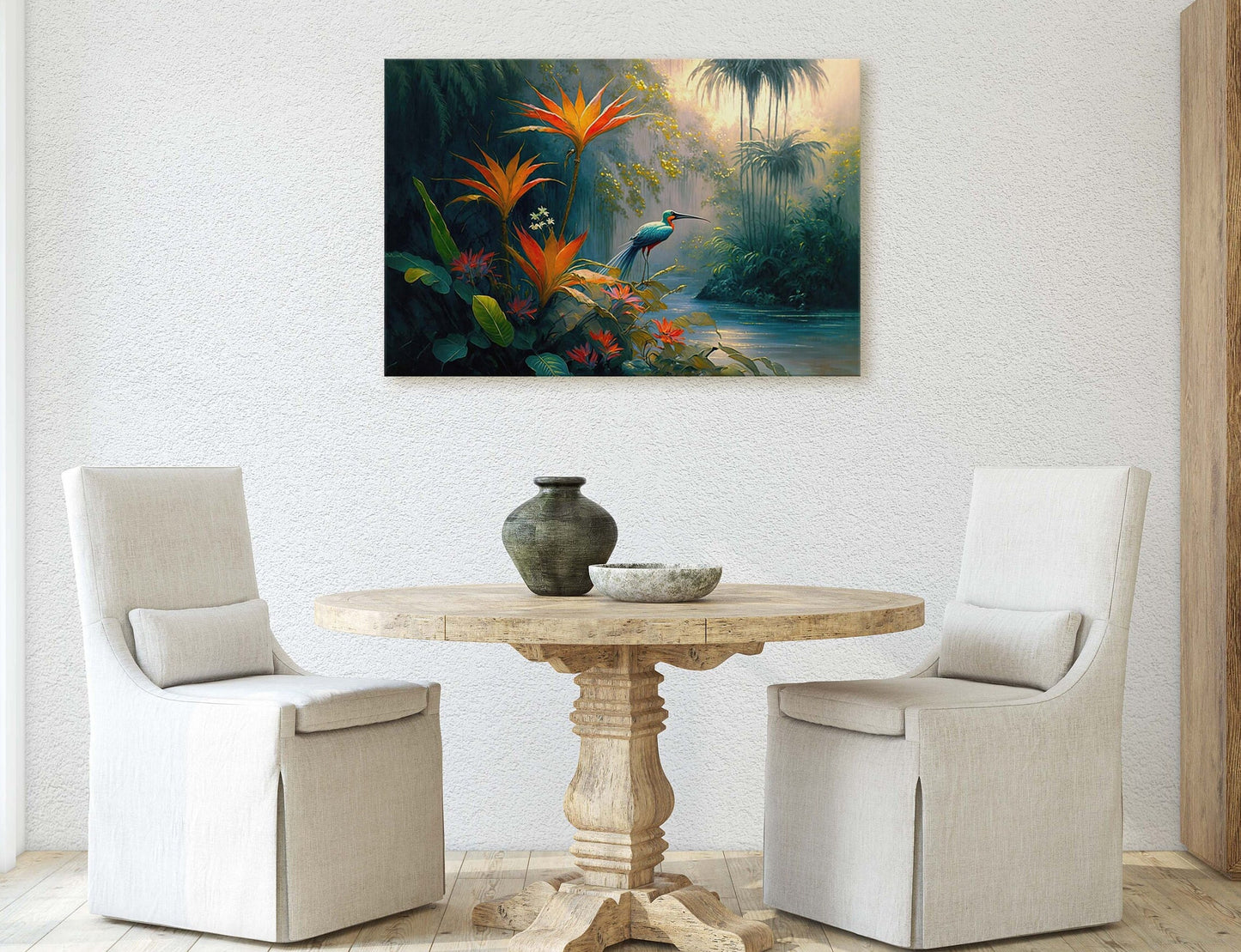 Jungle Flower Bird Canvas Art Ready To Hang Large Print, Oil Painting, Landscape