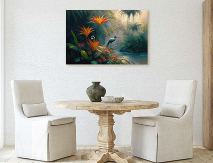 Jungle Flower Bird Canvas Art Ready To Hang Large Print, Oil Painting, Landscape