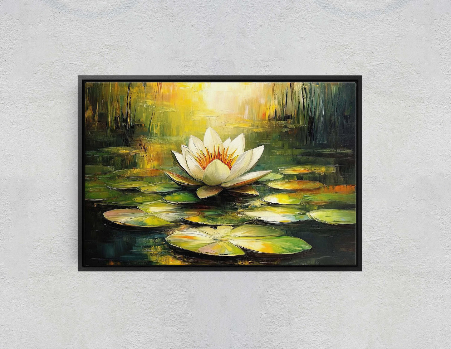 White Lotus Painting, Lily Pad Art, Green Lake, Nature Painting