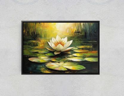 White Lotus Painting, Lily Pad Art, Green Lake, Nature Painting