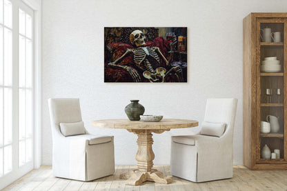 To Death, Skeleton Wine, Lounging Skeleton, Creepy Art, Gothic Halloween, Dark Academia, Dark Arts