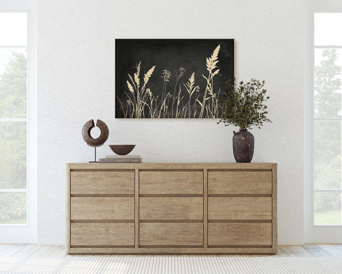 Grass Field Painting, Black and White, Wild Grass Art, Minimalist Art