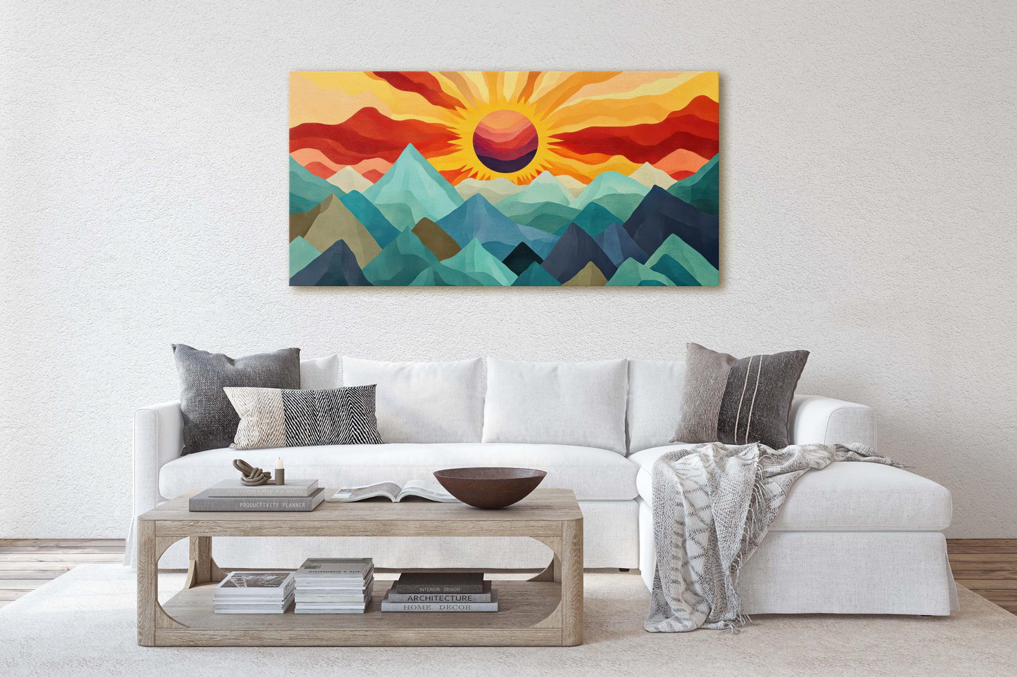 Sunshine Mountain, Canvas Print, Sunset Decor, Flat Art, Vibrant Color, Bold Art, Abstract, Mid Century Modern, Scandinavian Print