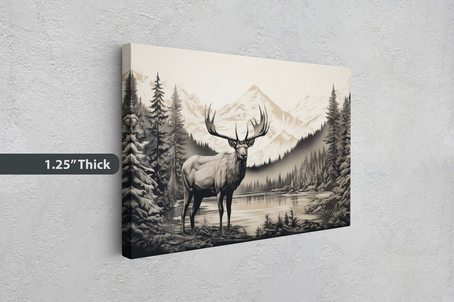 Black and White Elk,  Elk Painting, Cabin Decor, Mountain Home Art, Framed Canvas, Moose Painting, Neutral Color, Mountain Range, Nature Art