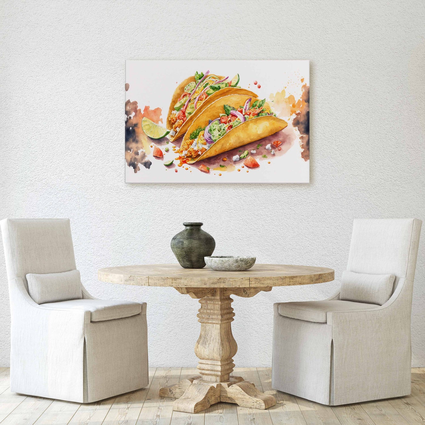 Watercolor Taco Canvas Art Ready To Hang Large Print, Oil Painting, Colorful, Water Color, Mexican food, Kitchen
