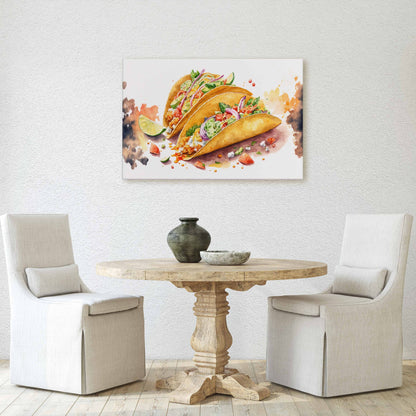 Watercolor Taco Canvas Art Ready To Hang Large Print, Oil Painting, Colorful, Water Color, Mexican food, Kitchen