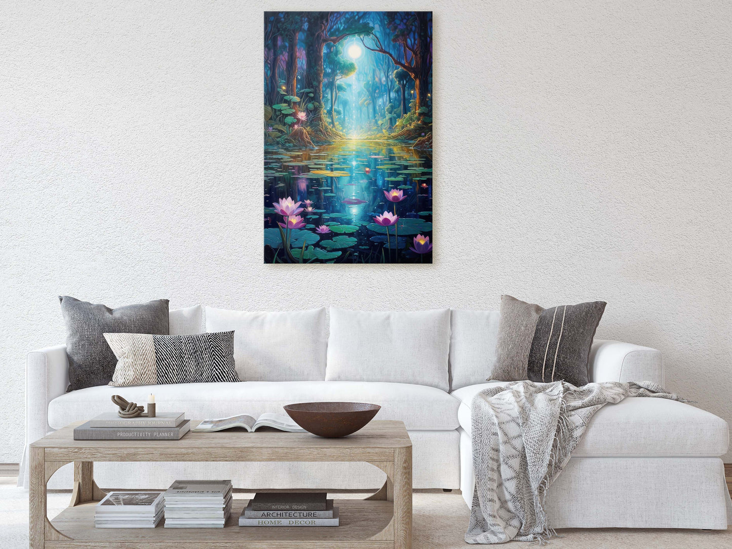 Enchanted Pond, Lamps Night Art, Lantern Forest, Vertical Canvas, Fantasy Decor, Office Art, River Art, Lily Pond, Floating Flower