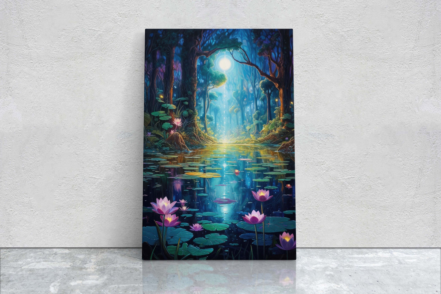 Enchanted Pond, Lamps Night Art, Lantern Forest, Vertical Canvas, Fantasy Decor, Office Art, River Art, Lily Pond, Floating Flower