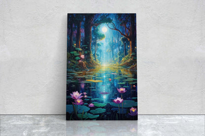 Enchanted Pond, Lamps Night Art, Lantern Forest, Vertical Canvas, Fantasy Decor, Office Art, River Art, Lily Pond, Floating Flower