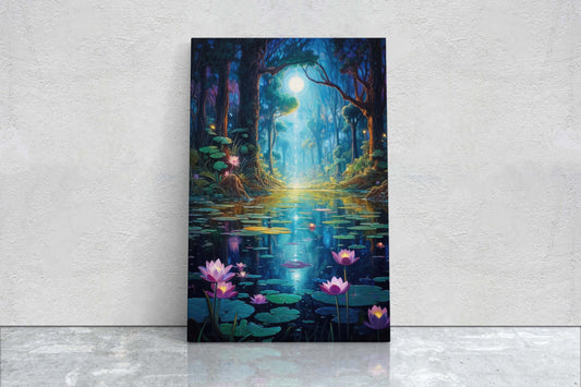 Enchanted Pond, Lamps Night Art, Lantern Forest, Vertical Canvas, Fantasy Decor, Office Art, River Art, Lily Pond, Floating Flower