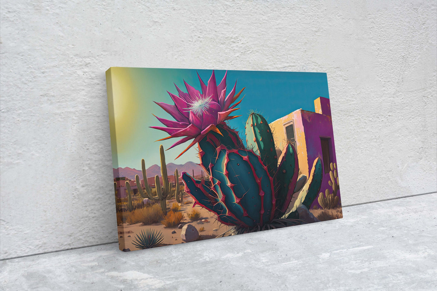 Blooming Cactus, Southwest Art,Ready To Hang, Large Print, Painting, Desert Landscape, Contemporary Art, Modern Art, Surreal Desert