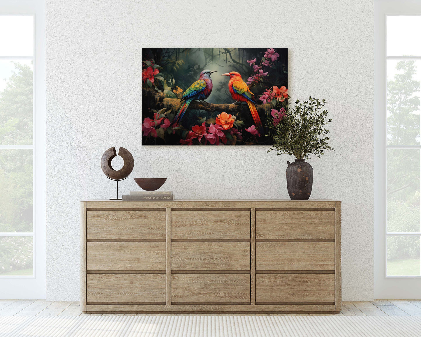 Jungle Bird Painting, Jungle Art, Green Jungle, Framed Canvas, Large Print, Beautiful Bird, Flower Jungle, Tropical Forest, Rainforest Art