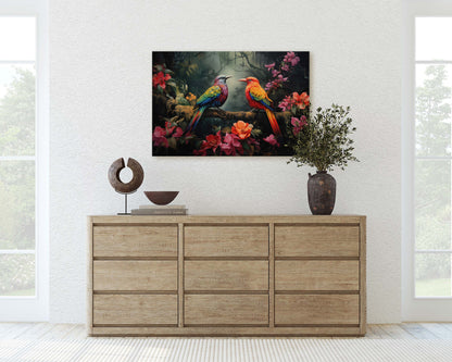 Jungle Bird Painting, Jungle Art, Green Jungle, Framed Canvas, Large Print, Beautiful Bird, Flower Jungle, Tropical Forest, Rainforest Art