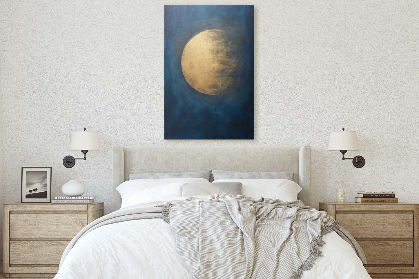 Gold Moon on Indigo, Moon Painting, Minimalist Art, Circle Indigo, Maximalist Art, Contemporary Decor, Celestial Art, Space Decor, Night Sky