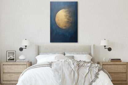 Gold Moon on Indigo, Moon Painting, Minimalist Art, Circle Indigo, Maximalist Art, Contemporary Decor, Celestial Art, Space Decor, Night Sky