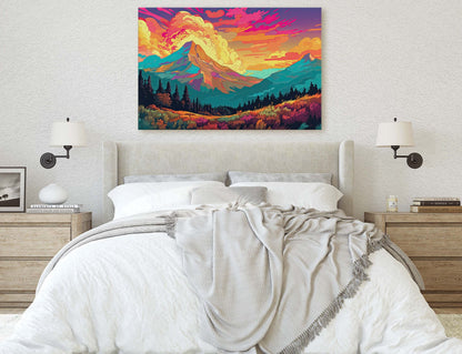 Vibrant Mountains, Colorful Illustration, Bold Colors, National Park, Framed Canvas, Cel Shading, Landscape Drawing, Toon Shading