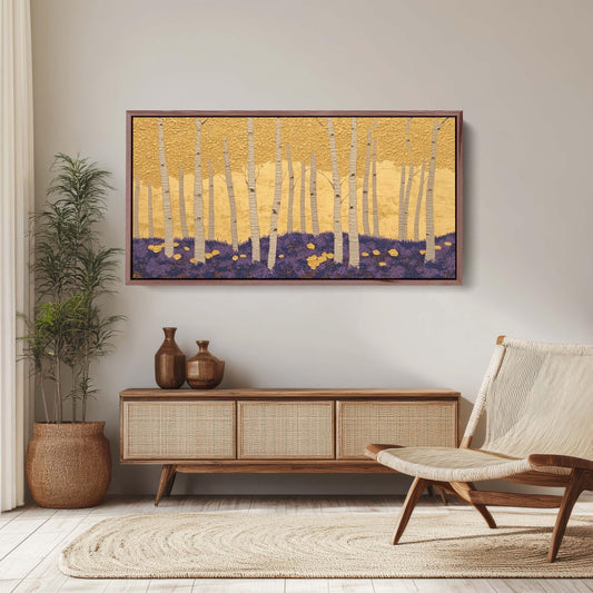 Abstract Aspen Trees, Trees on Canvas, Autumn Forest, Yellow Gold, Framed Canvas