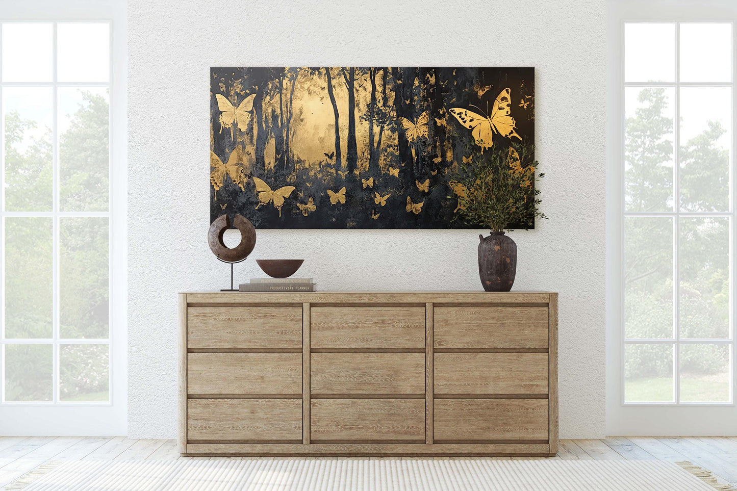 Butterfly Forest, Black and Gold Trees, Wide Canvas print, Modern Contemporary