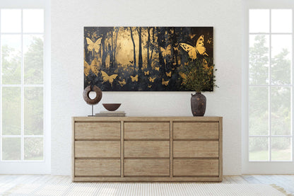 Butterfly Forest, Black and Gold Trees, Wide Canvas print, Modern Contemporary
