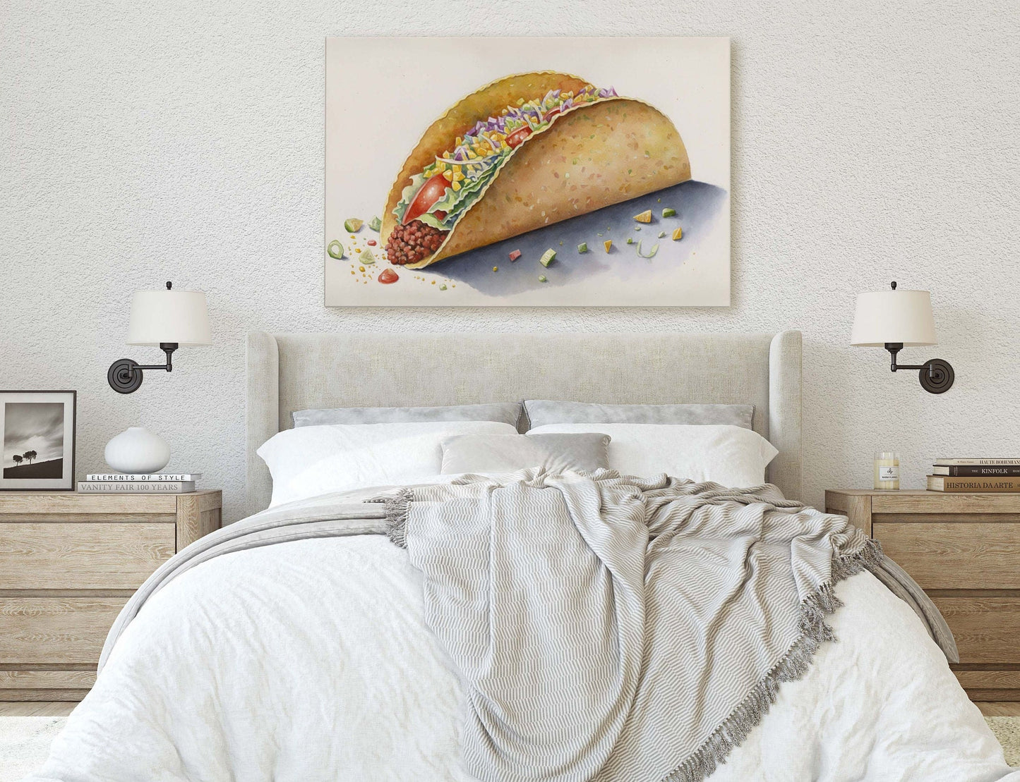 Taco Watercolor, Canvas Art, Ready To Hang Large Print,  Colorful, Water Color, Mexican food, Kitchen Art, Dining Room, Restaurant Art