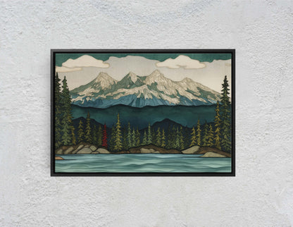 Minimalist Lake Mountain on Canvas, Scandinavian Design, Danish, Green Blue, Framed Canvas, Abstract, Simple, Landscape Painting
