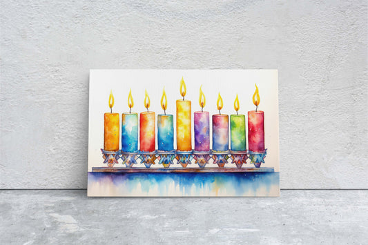 Hanukkah Menorah Painting, Chanukah Watercolor, Festive Winter, Jewish Decoration,  Hanukkah Candles, Framed Canvas, Holiday Decor