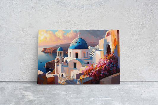 Santorini Thira, Greece, Canvas Art print, Landscape Painting, Vibrant colors, Thera, Island Art, Firostefani village