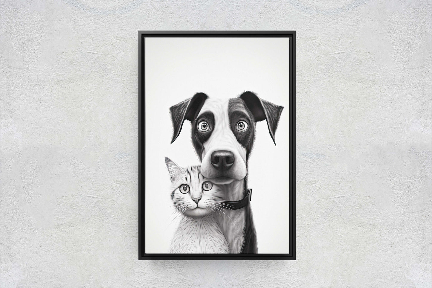 Black White Cat Dog, Loving Pets, Cute Animals, Minimalism, Animal Art, Kitten Decor, Puppy Art, Framed Canvas, Quirky Animal