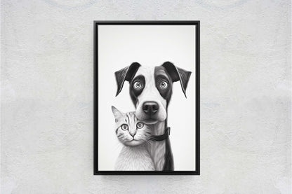 Black White Cat Dog, Loving Pets, Cute Animals, Minimalism, Animal Art, Kitten Decor, Puppy Art, Framed Canvas, Quirky Animal