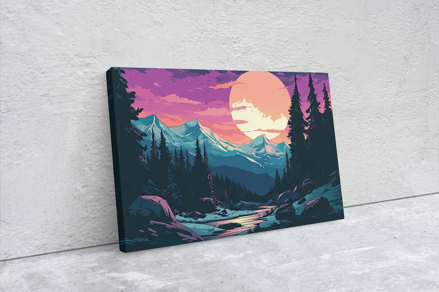 Mountain and Moon on Canvas, Nightfall Mountains, Midnight Landscape, Vibrant Color, Bold Design, Colorado Mountain, Illustration Outdoors