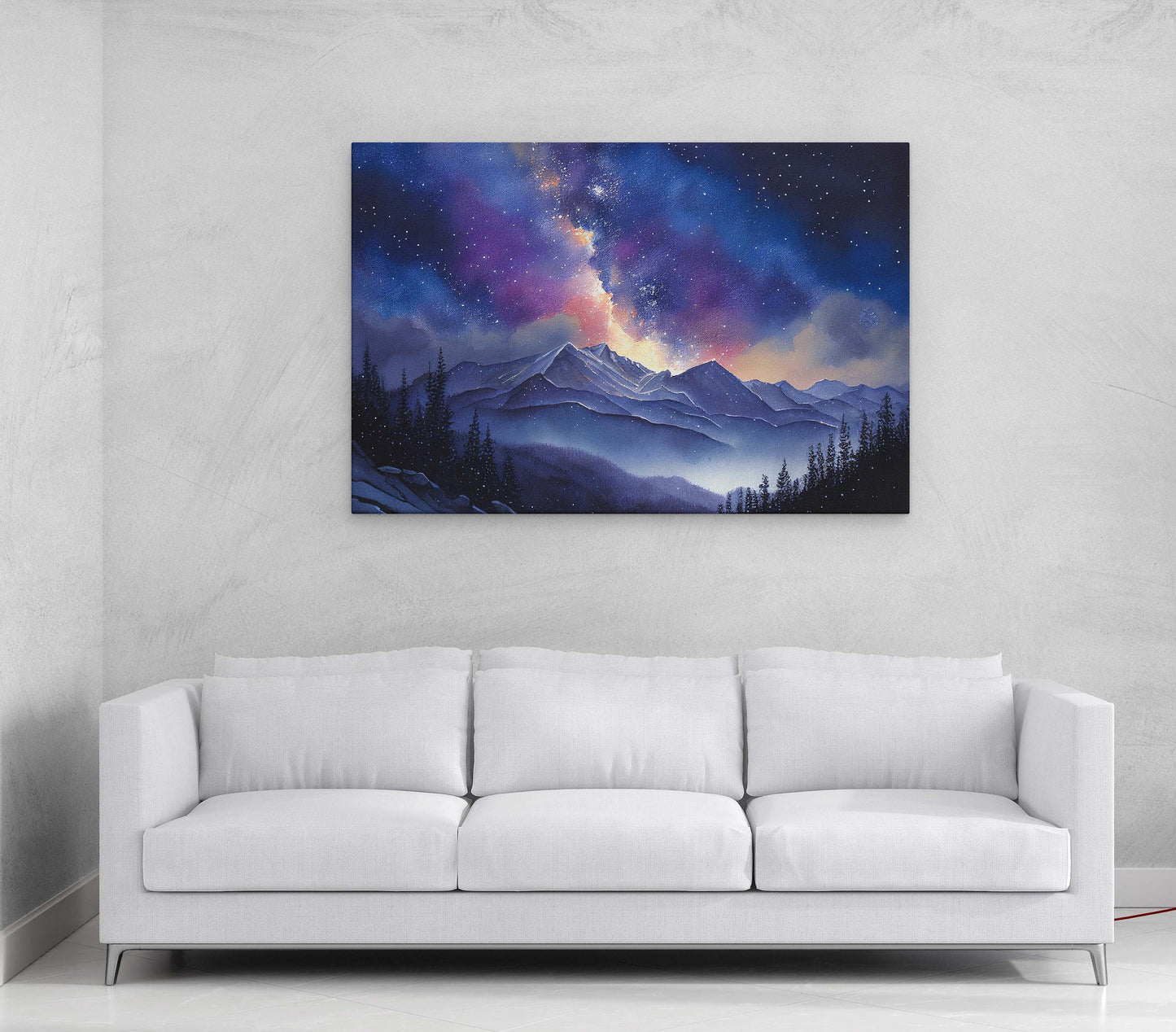 Night Sky Over Mountain Range Painting Stretched Canvas Art