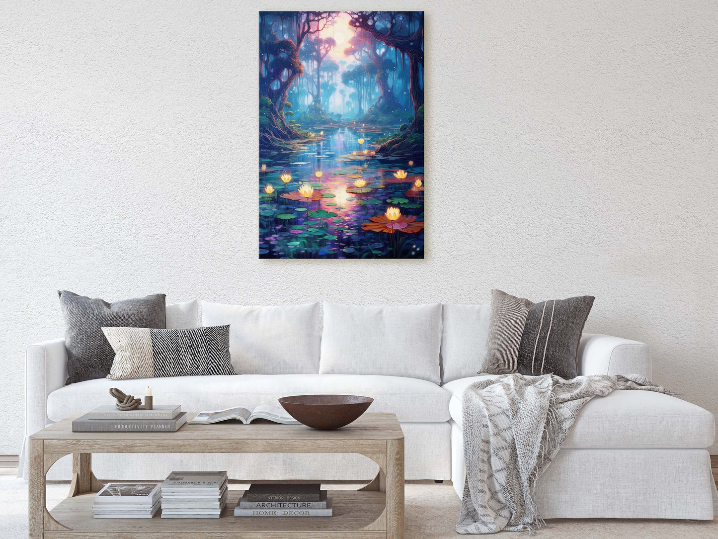 Enchanted Pond, Lamps Night Art, Lantern Forest, Vertical Canvas, Fantasy Decor, Office Art, River Art, Lily Pond, Floating Flower