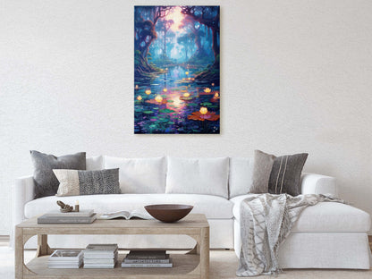 Enchanted Pond, Lamps Night Art, Lantern Forest, Vertical Canvas, Fantasy Decor, Office Art, River Art, Lily Pond, Floating Flower