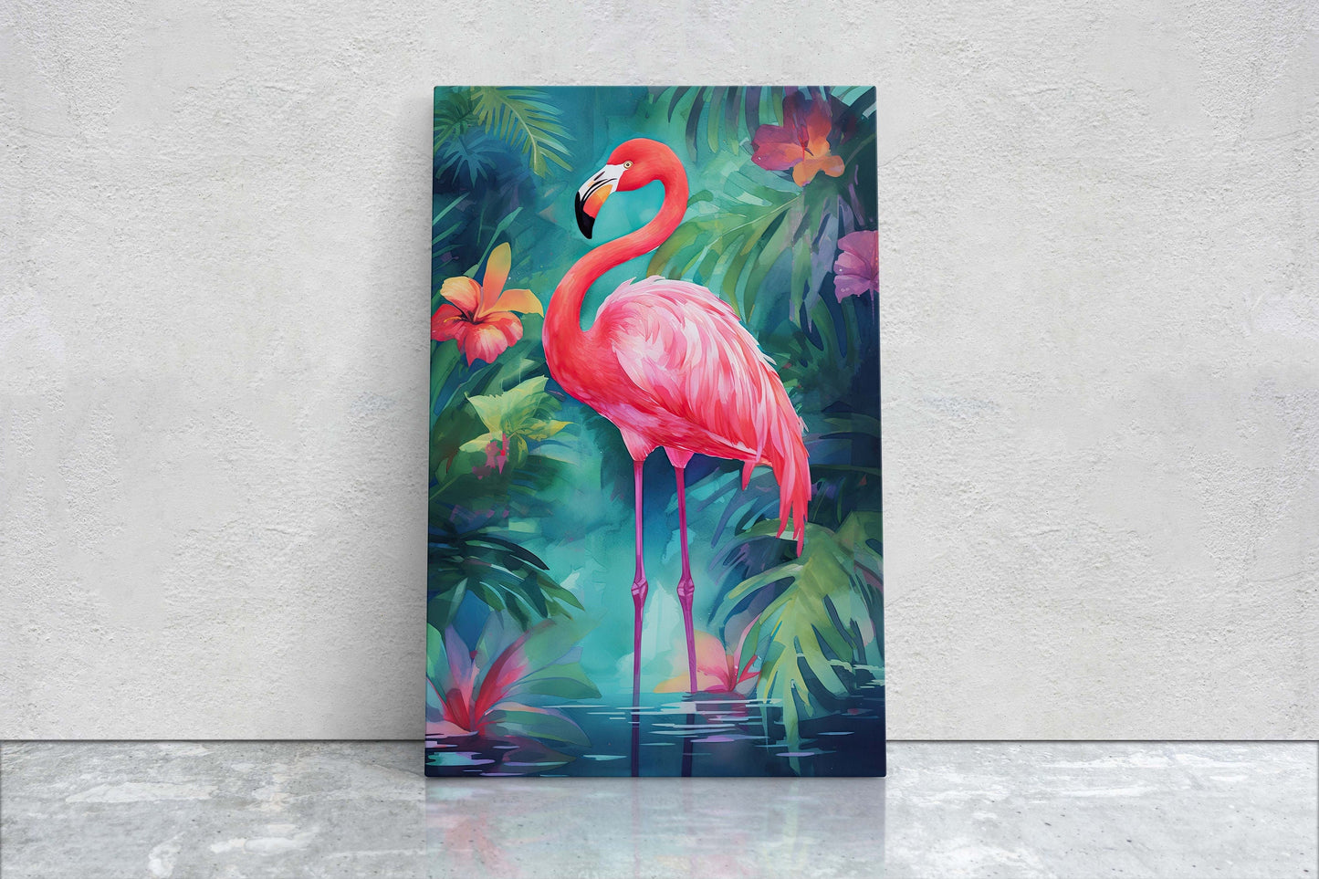 Flamingo on Canvas, Tropical Bird, Botanical Animal, Framed Canvas, Pink Green, Vertical Portrait, Exotic Bird