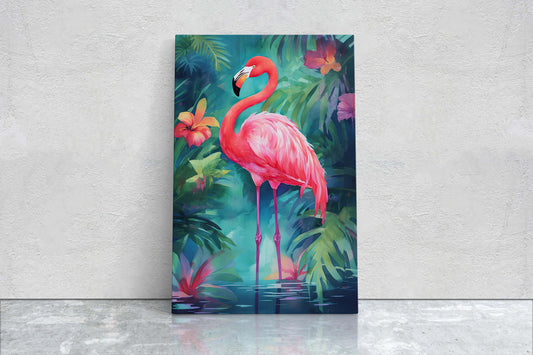 Flamingo on Canvas, Tropical Bird, Botanical Animal, Framed Canvas, Pink Green, Vertical Portrait, Exotic Bird