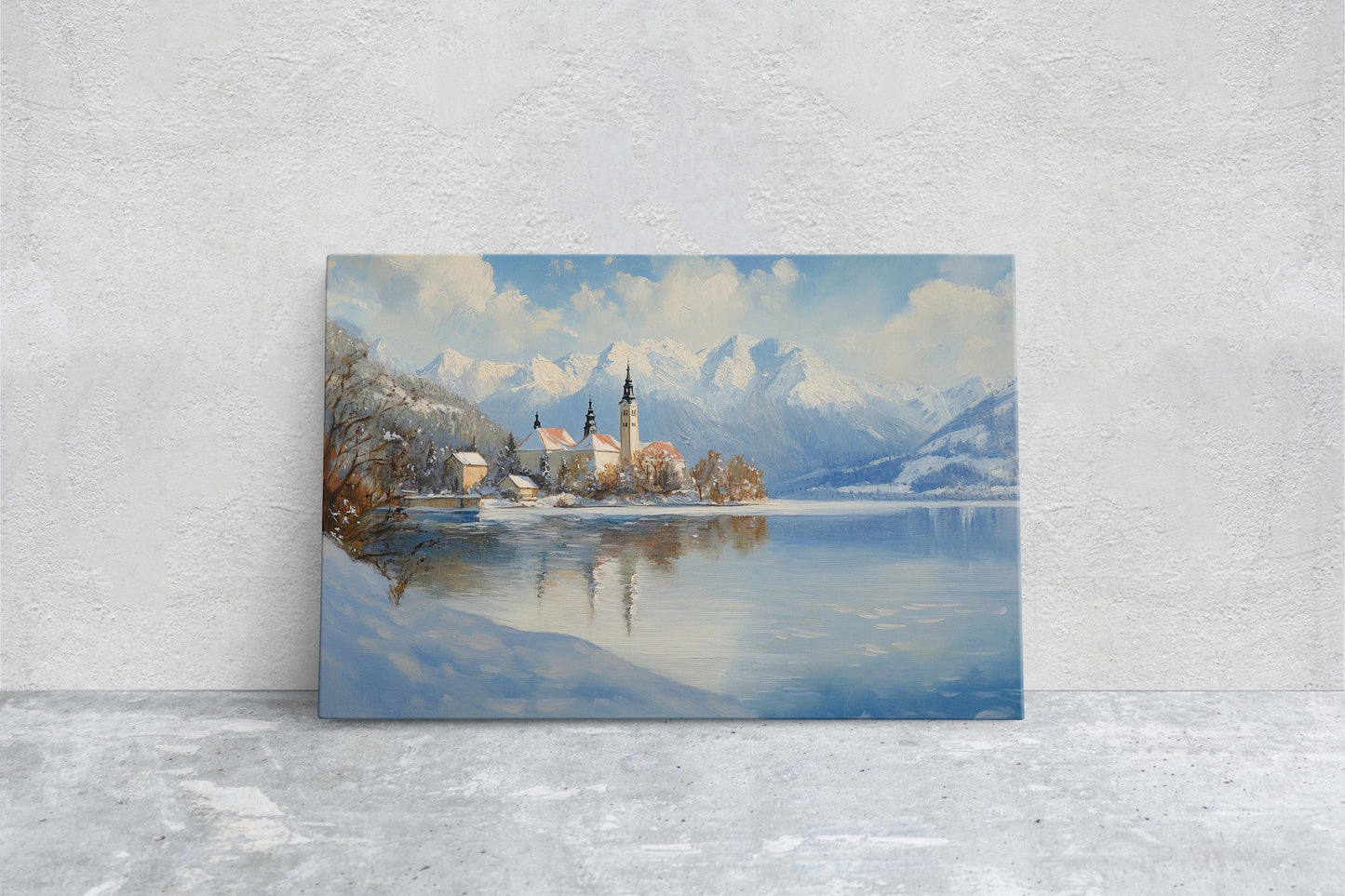 Lake Bled Painting, Slovenia Art, Scenic Art, Winter Lake