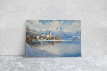 Lake Bled Painting, Slovenia Art, Scenic Art, Winter Lake