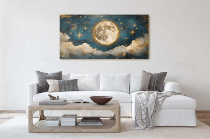 Cloudy Moon Sky, Moon Painting, Moon and Stars, Full Moon