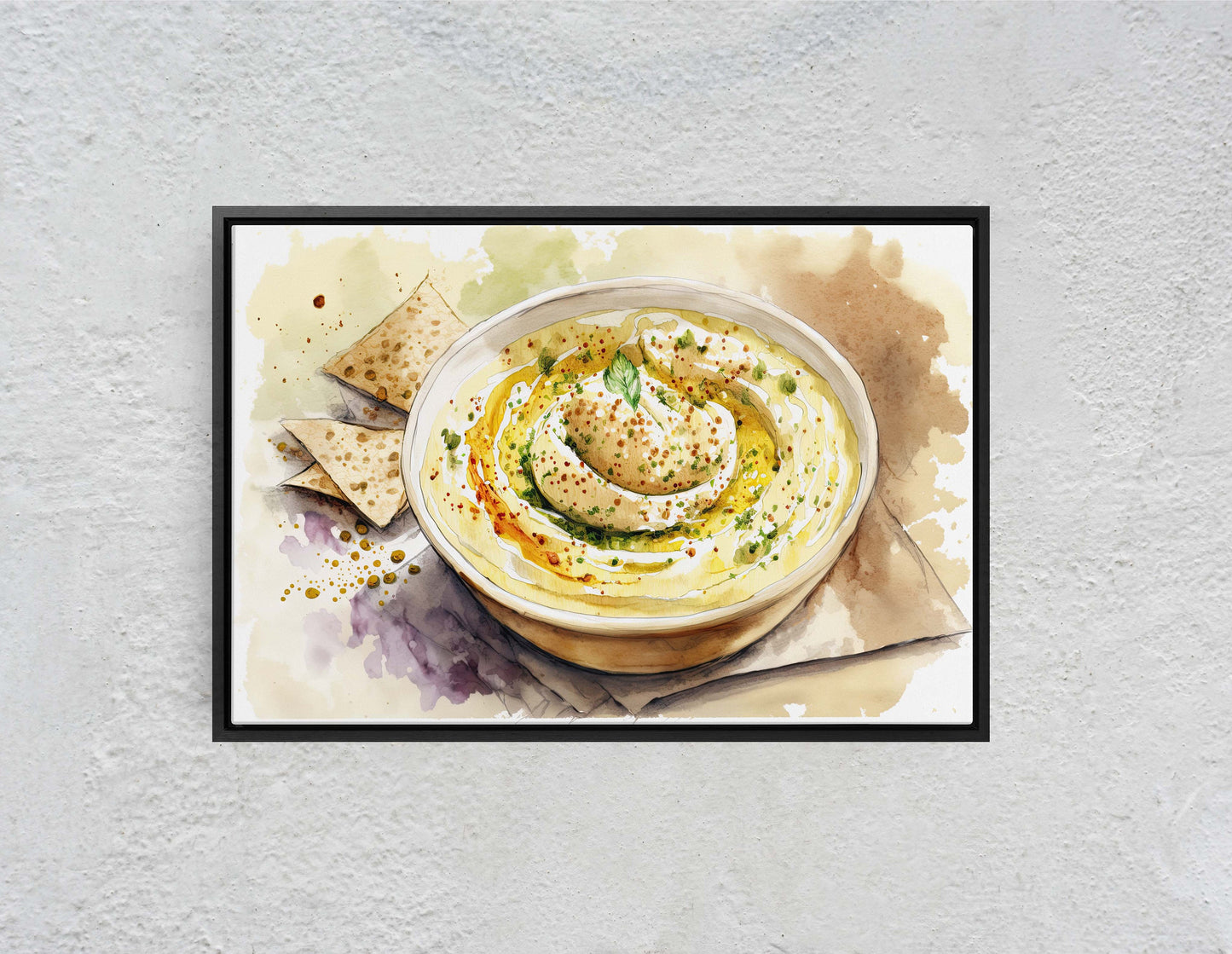Hummus and Pita, chickpea, Ready To Hang, Large Print, Watercolor Painting, Dining Room, Kitchen Art, Restaurant Art, Mediterranean Food