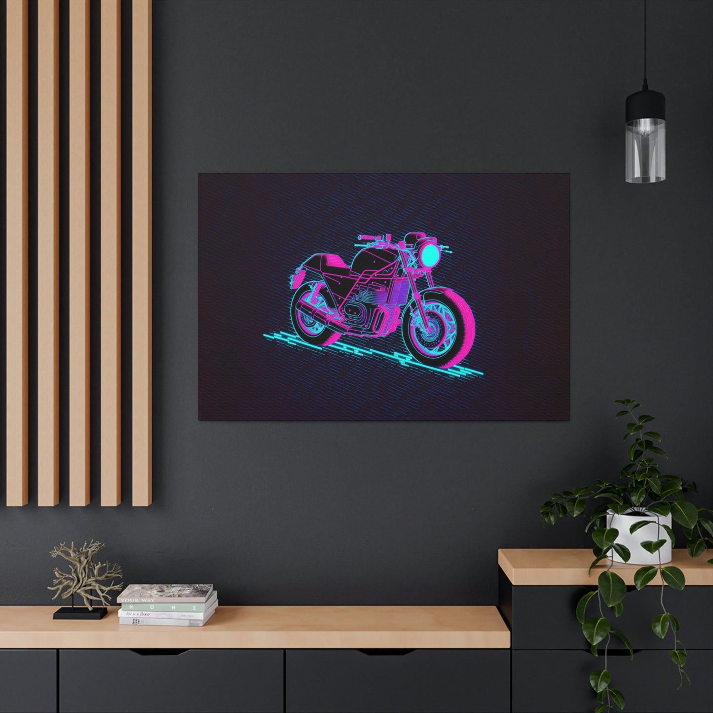 Motorcycle Pixel Art Canvas Art Ready To Hang Large Print, Man Cave, Video Game, Retro, Synthwave, Neon