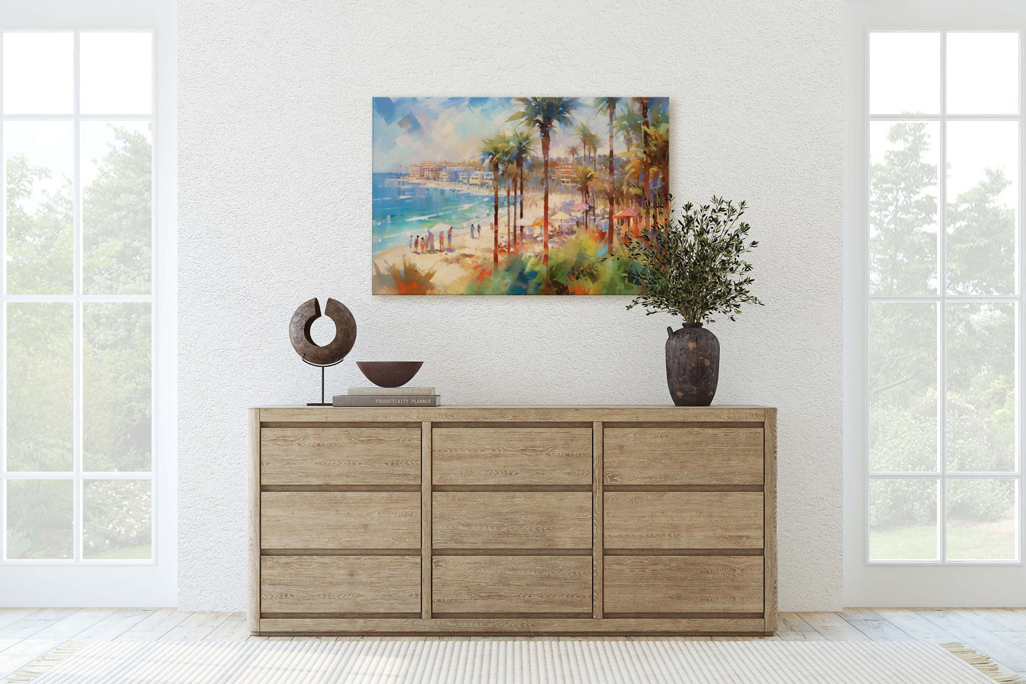 Watercolor Beach on Canvas, Beach Town, Ocean Resort, Tropical Vacation, Beach front, Water Sunset, Palm Trees, Blue Water