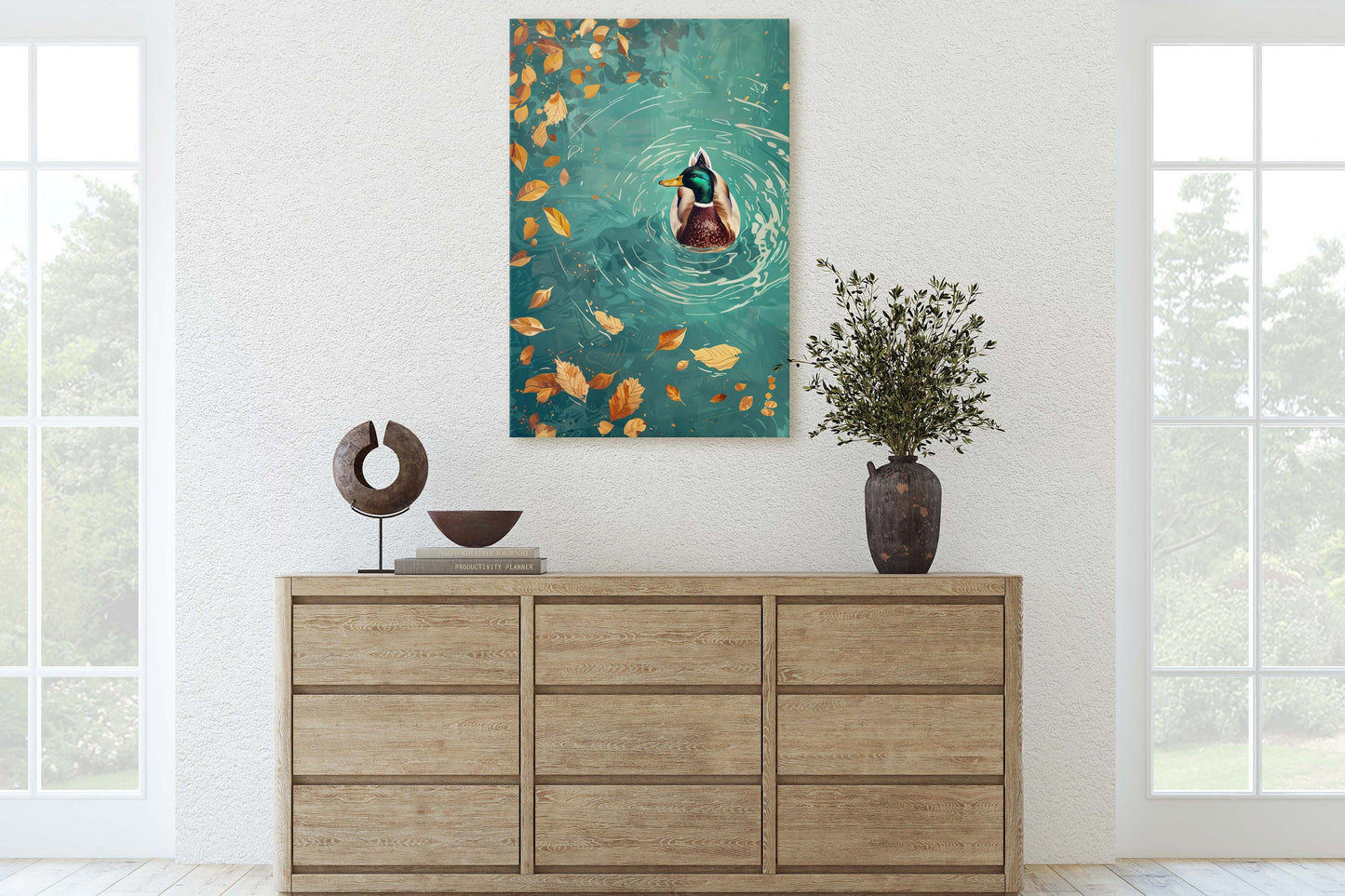 Mallard Duck Fall, Duck in Lake, Framed Canvas, Fall Season, Large Art print, Vertical Print, Leaves in Lake, Tranquil Decor