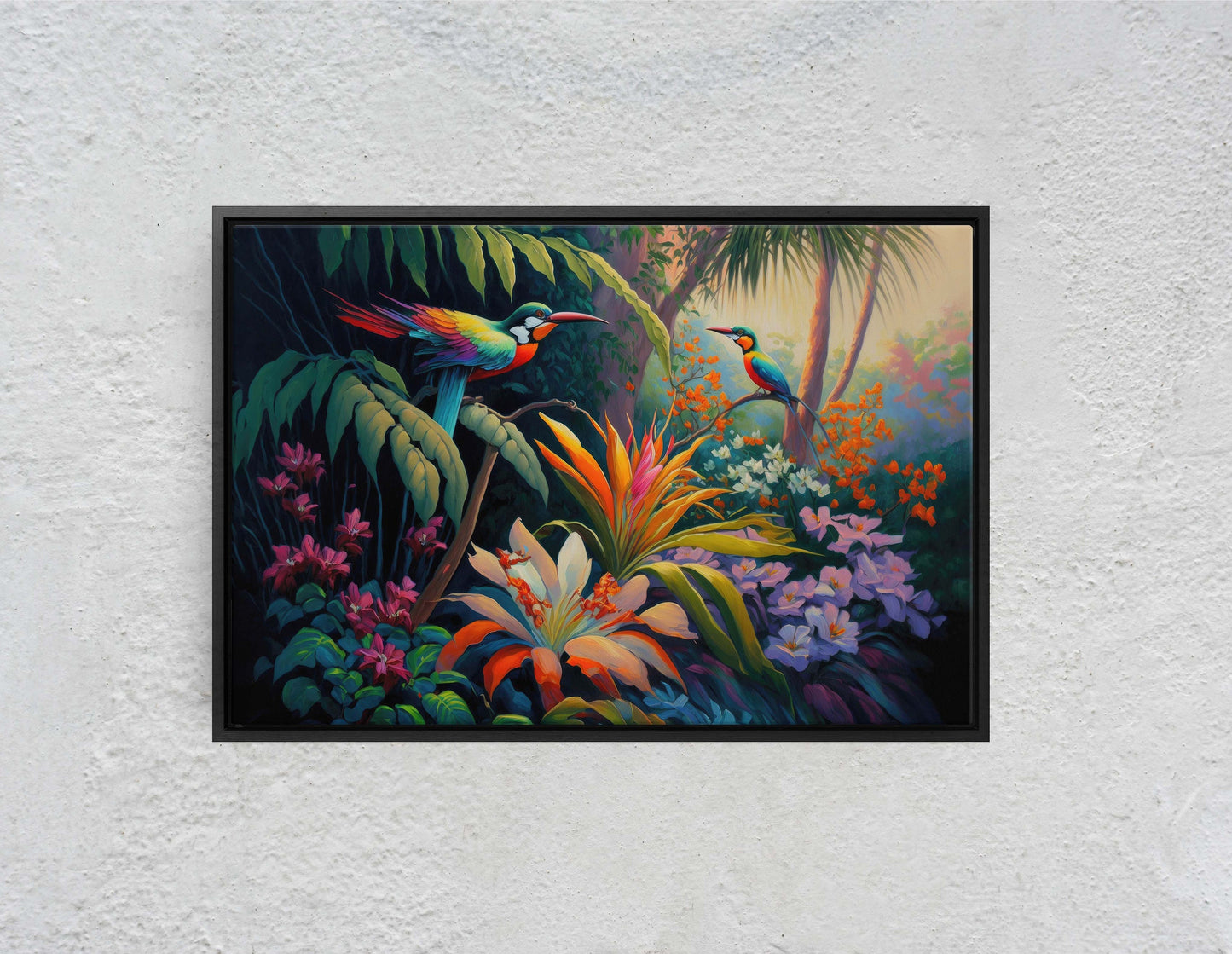 Jungle Birds of Passion Flowers Art Ready To Hang Large Print, Oil Painting, Landscape, Natural Beauty, Colorful