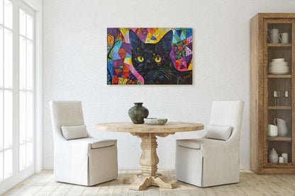 Geometric Cat Art, Whimsical Colorful, Abstract Cat, Pop Art, Large Art Print, Framed Canvas, Black Cat, Cat Lover, Animal Art