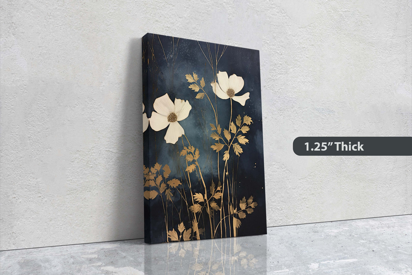 White Flowers, Indigo and Gold, Black and Gold, Wildflowers, Floral Painting, Framed Canvas, Large Print, Simple Bold, Contemporary Modern