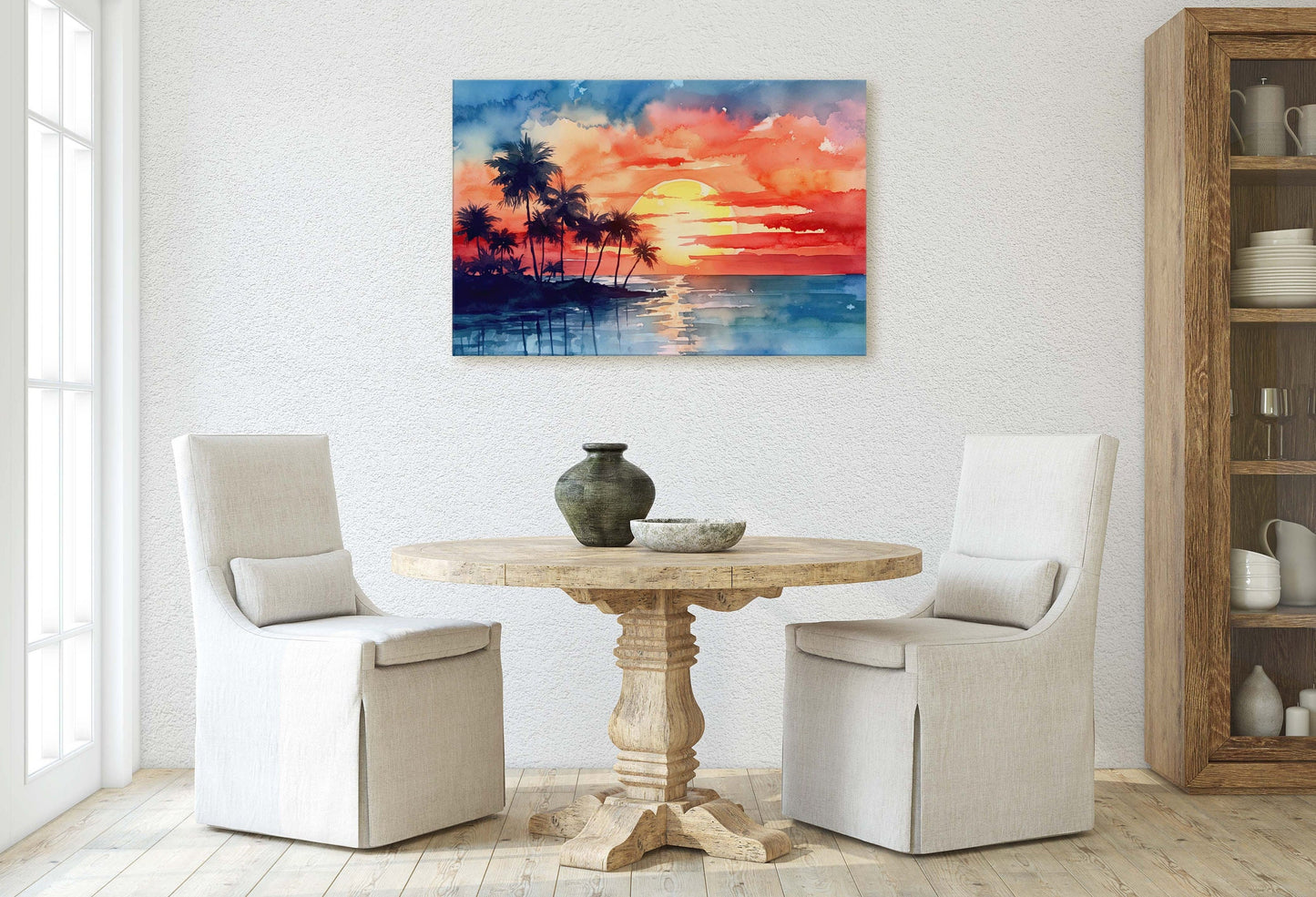 Beach Sunset on Canvas, Tree silhouette, Sunrise Beach, Watercolor, Framed Canvas, Red Orange, Blue