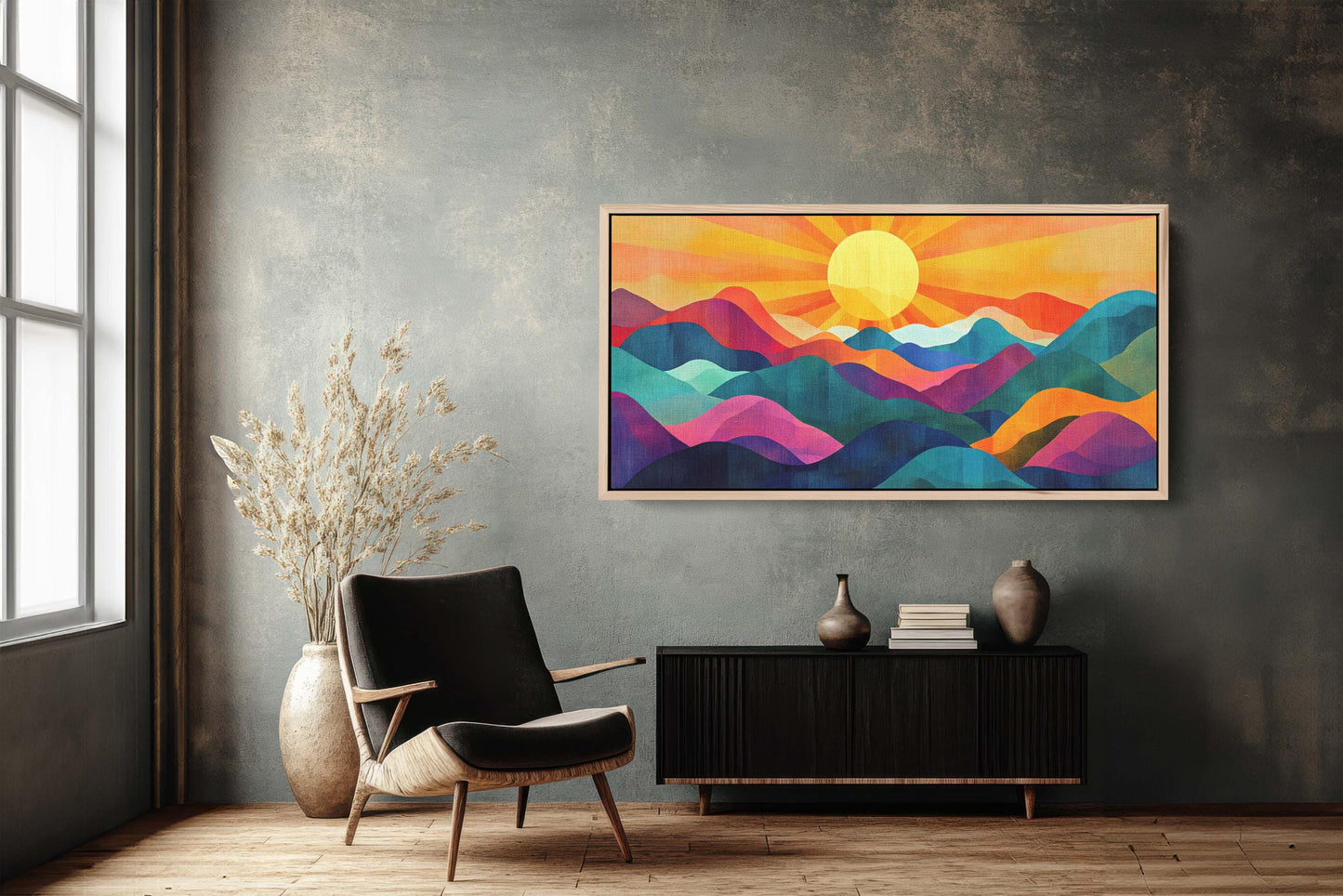 Sunshine Mountain, Canvas Print, Sunset Decor, Flat Art, Vibrant Color, Bold Art, Vertical, Abstract, Mid Century Modern, Scandinavian Print