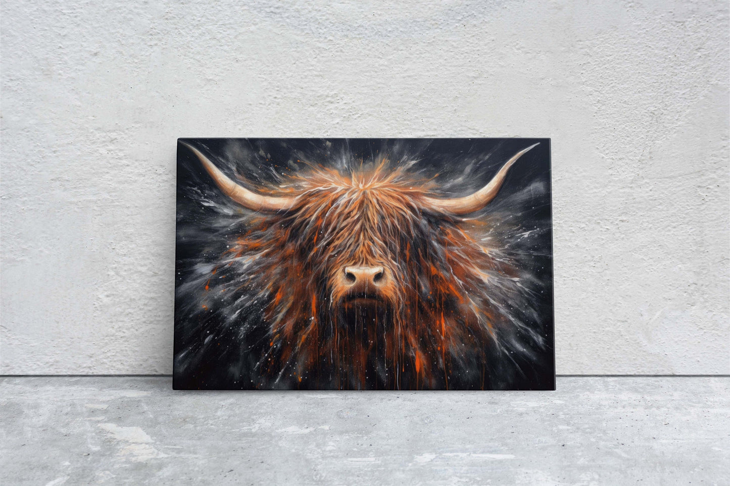 Highland Cow, Scottish Cow, Scotland Cattle, Long-haired cow, Rustic Farmhouse, Farm Animal, Barn Decor, Canvas Art Print, Abstract Painting