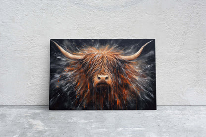 Highland Cow, Scottish Cow, Scotland Cattle, Long-haired cow, Rustic Farmhouse, Farm Animal, Barn Decor, Canvas Art Print, Abstract Painting