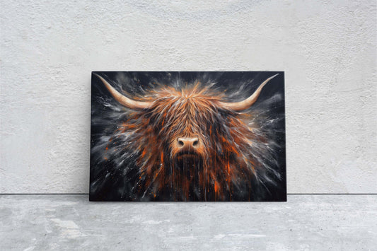 Highland Cow, Scottish Cow, Scotland Cattle, Long-haired cow, Rustic Farmhouse, Farm Animal, Barn Decor, Canvas Art Print, Abstract Painting